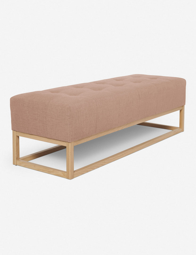#color::apricot-linen | Angled view of the Grasmere apricot linen wooden bench