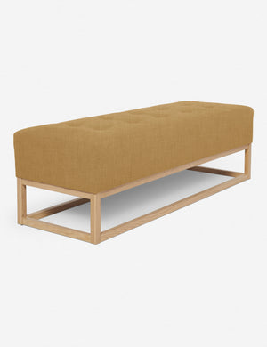Angled view of the Grasmere camel linen wooden bench