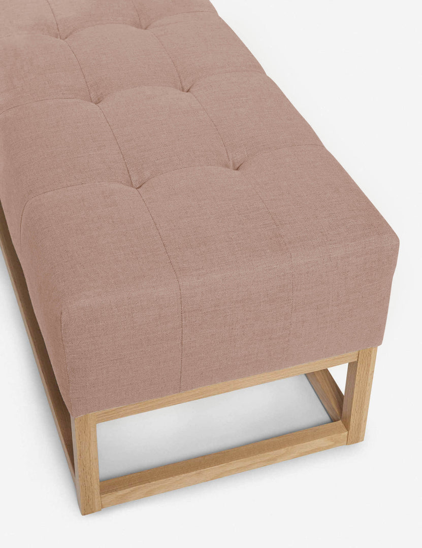 #color::apricot-linen | Upper angled view of the Grasmere apricot linen wooden bench