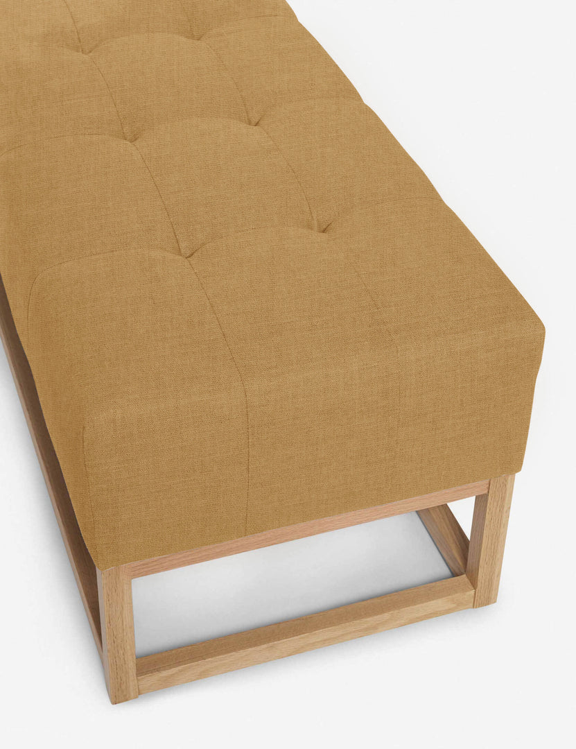 #color::camel-linen | Upper angled view of the Grasmere camel linen wooden bench