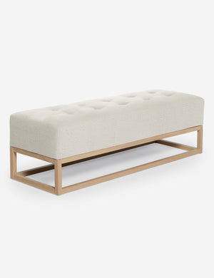 Angled view of the Grasmere taupe boucle wooden bench