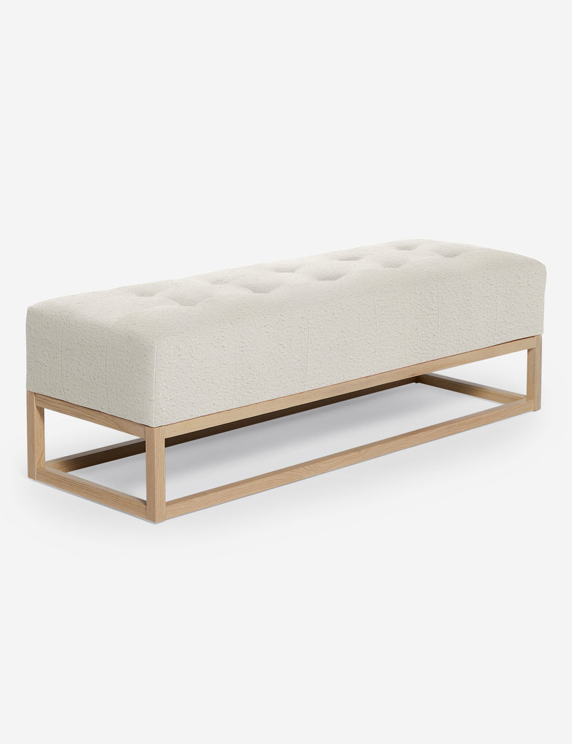 #color::taupe-boucle | Angled view of the Grasmere taupe boucle wooden bench