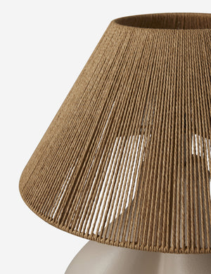 Close up view of the Gustav woven shade sculptural table lamp.