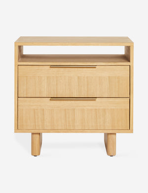 Hillard white oak veneer nightstand with two drawers, an open upper shelf, and rounded legs