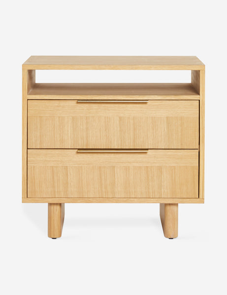 | Hillard white oak veneer nightstand with two drawers, an open upper shelf, and rounded legs