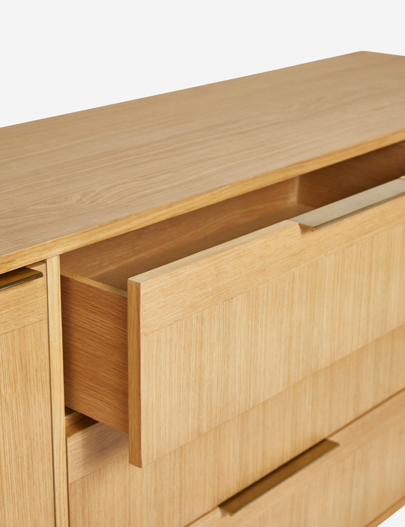 | The top drawer of the Hillard white oak veneer five drawer sideboard open
