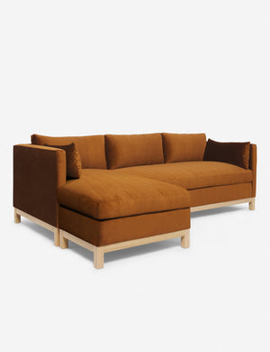 Left angled view of the Hollingworth cognac velvet sectional sofa