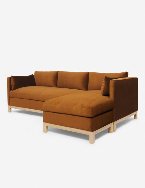 #color::cognac #size::96--x-37--x-33- #configuration::right-facing | Right angled view of the Hollingworth cognac velvet sectional sofa