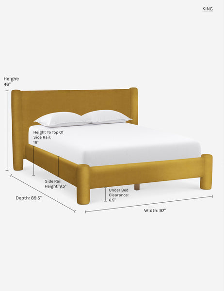 #color::goldenrod-velvet #size::king | King dimensions of the Goldenrod Velvet Hyvaa Bed by Sarah Sherman Samuel