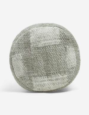 Side view of the Irregular khaki green and white Checkerboard Bolster Pillow by Sarah Sherman Samuel