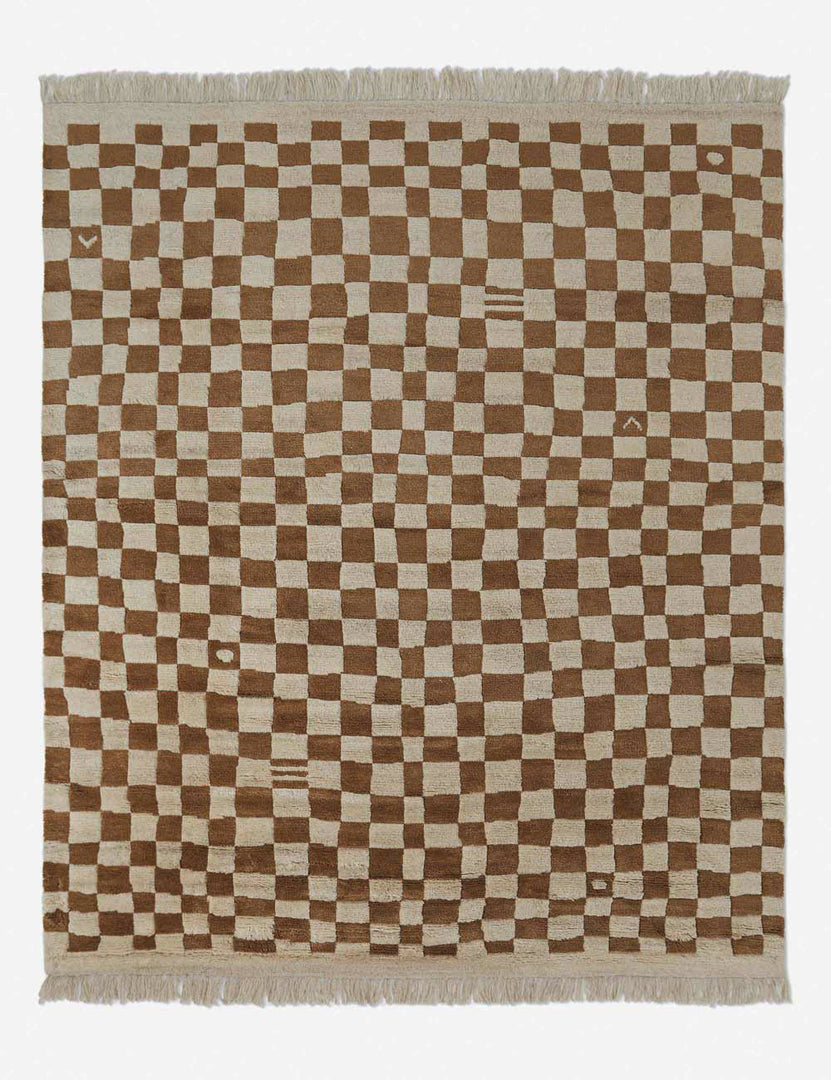 #color::ochre #size::2-6--x-8- #size::6--x-9- #size::8--x-10- #size::9--x-12- #size::10--x-14- #size::12--x-15- | Irregular ochre checkerboard rug by Sarah Sherman Samuel