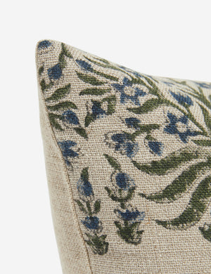 Close-up of the corner of the Ixora lumbar pillow with ornate floral pattern