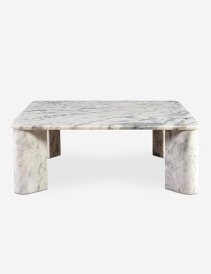 Side view of Cato solid marble square coffee table in white marble