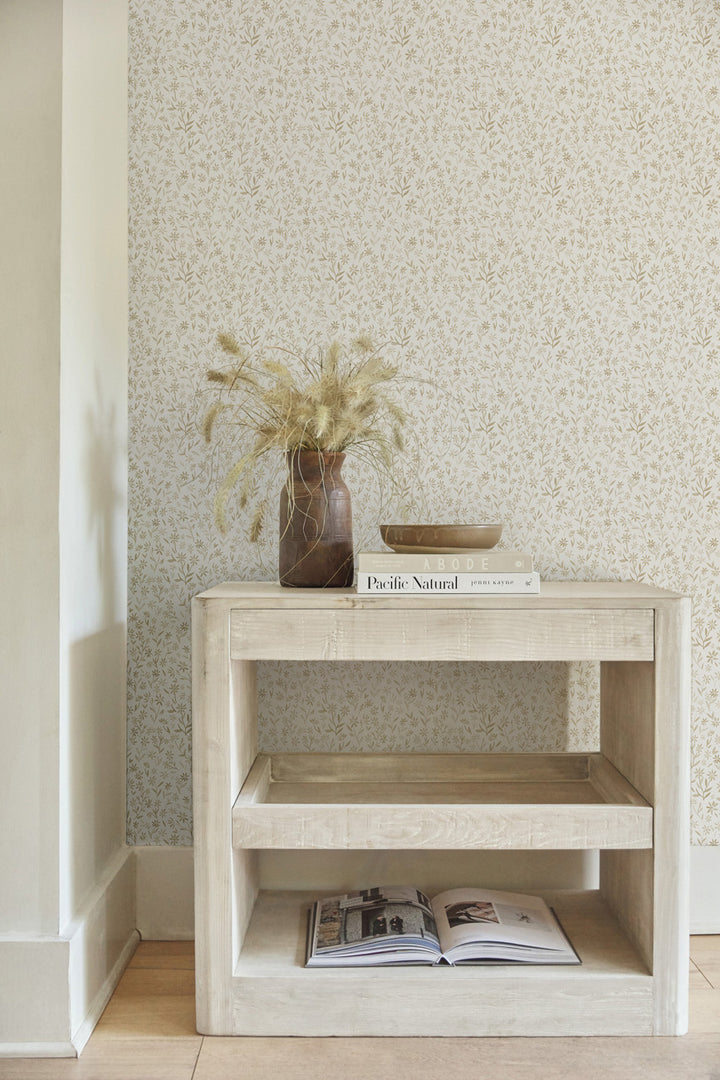 #color::natural | The Sommerville natural wallpaper is in a room with a whitewashed sideboard with two open shelves