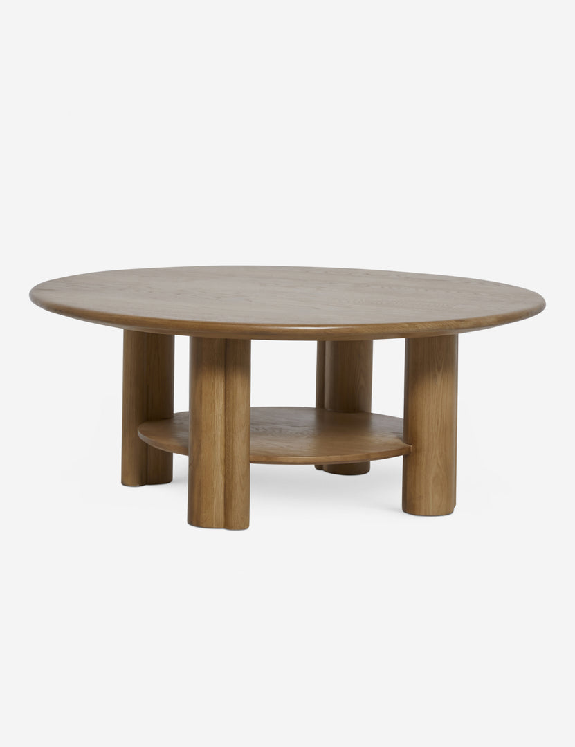 #color::natural-oak | Jota round natural oak coffee table with shelf.