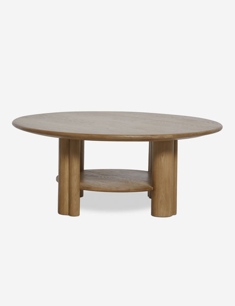 #color::natural-oak | Front view of the Jota round natural oak coffee table with shelf.