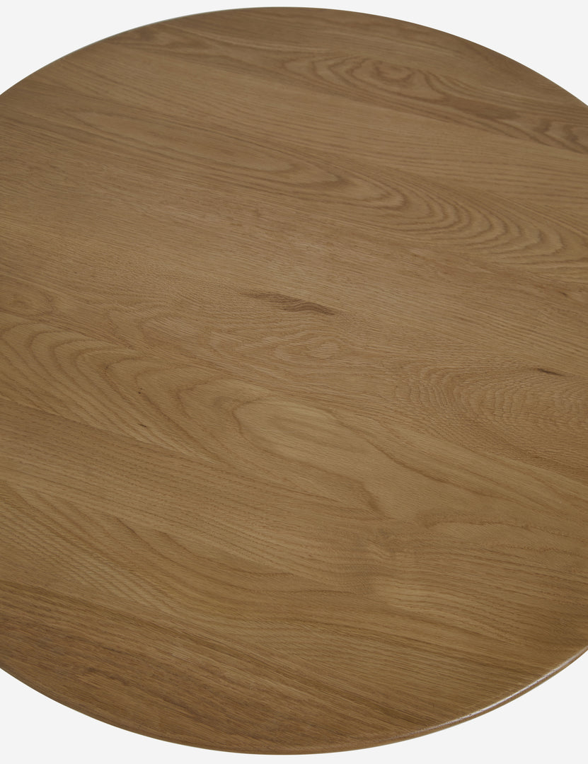 #color::natural-oak | Overhead view of the Jota round natural oak coffee table with shelf.