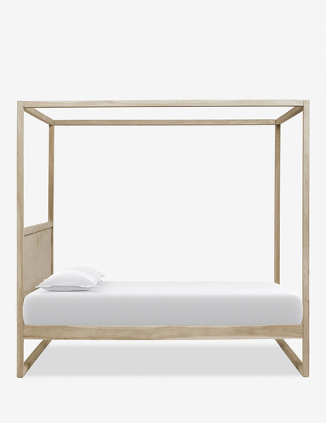 #size::queen #size::king | Side view of the Kiery light wood canopy bed