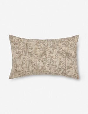 Kisha natural-toned lumbar throw pillow handwoven with Kuba cloths from central Africa with detailed line-work patterns