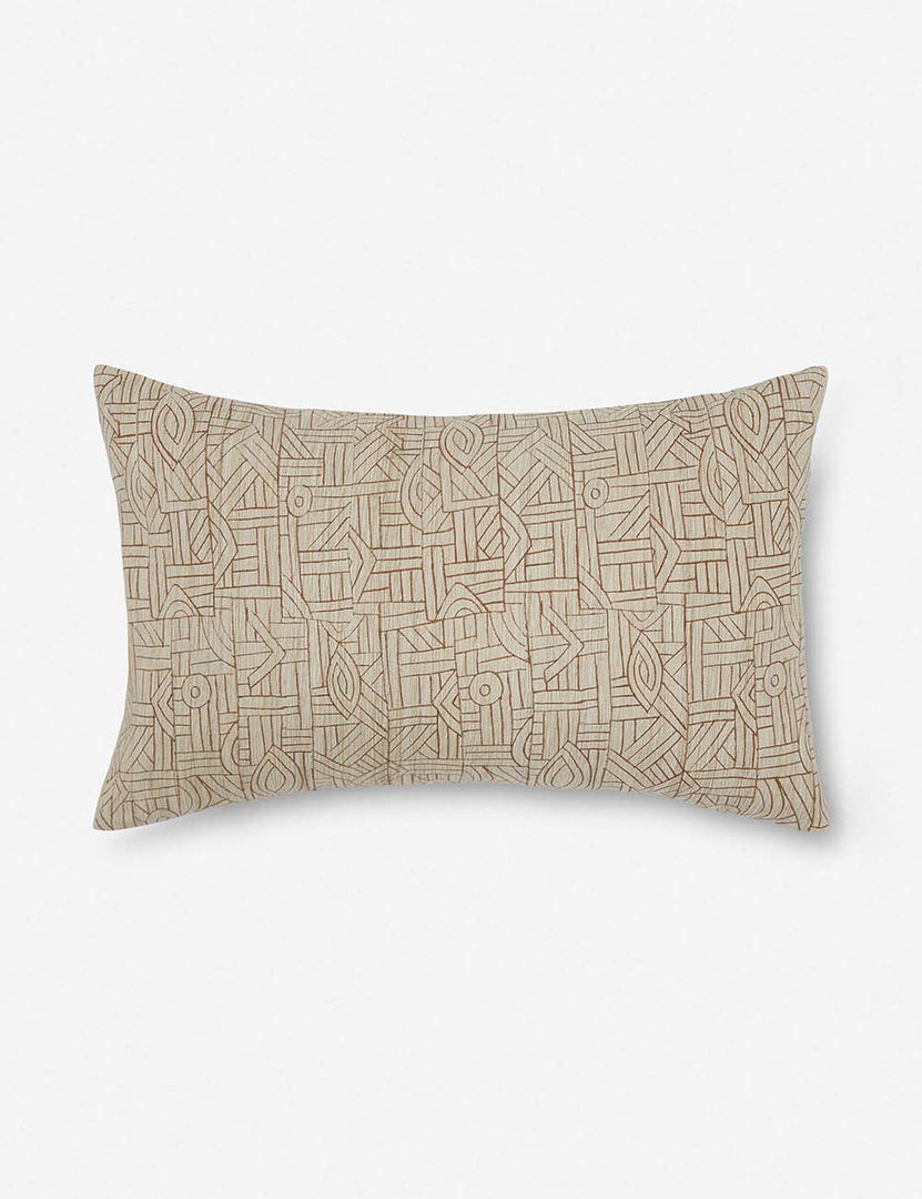 #size::12--x-20- | Kisha natural-toned lumbar throw pillow handwoven with Kuba cloths from central Africa with detailed line-work patterns