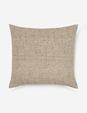 Kisha natural-toned square throw pillow handwoven with Kuba cloths from central Africa with detailed line-work patterns