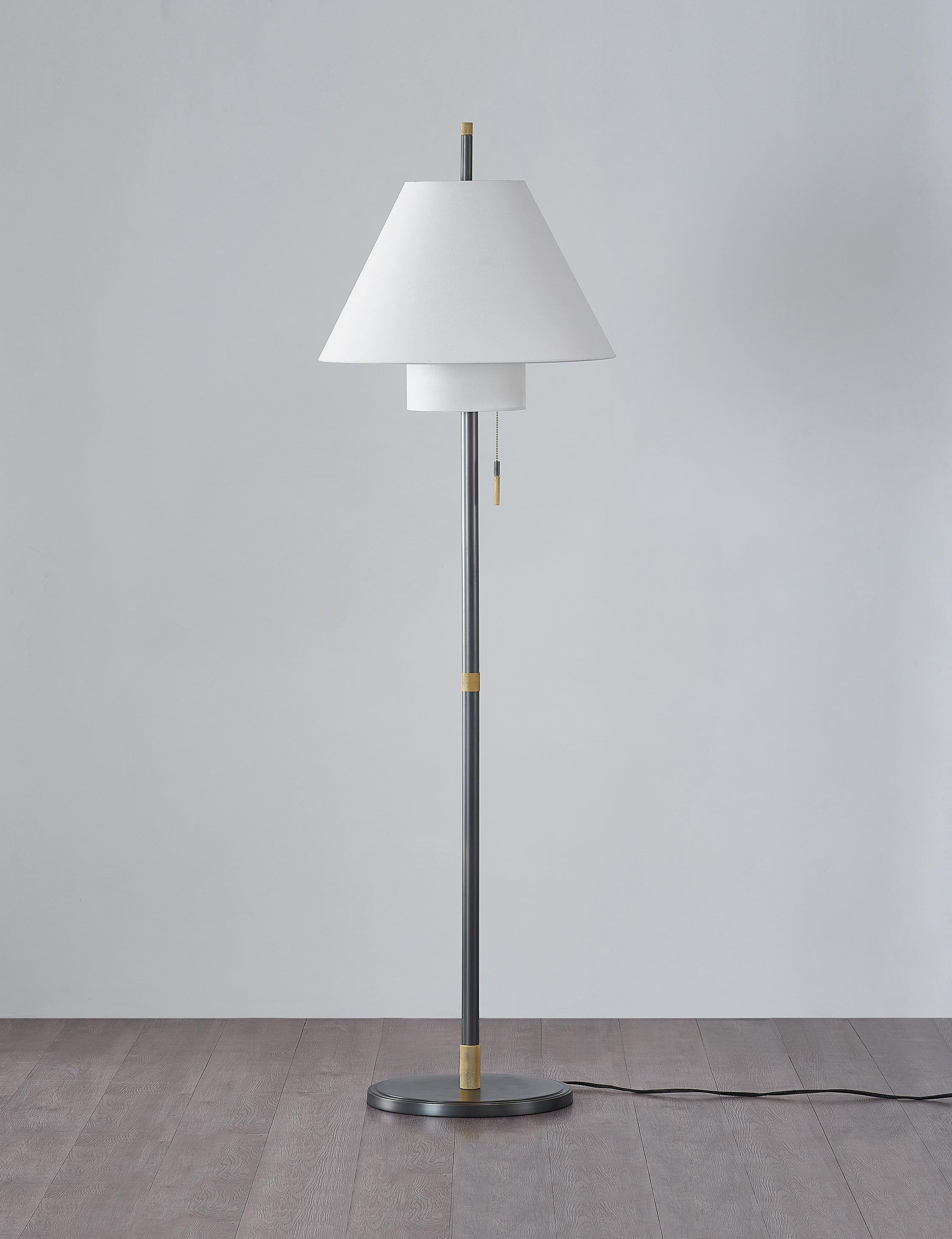 Aged Brass Adjustable Floor Lamp with White Linen Shade