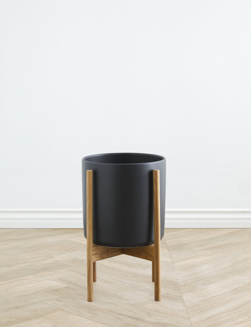 black planter pot with stand Ceramic Planter Pot + Teak Stand by LBE Design, White, 12" Diameter