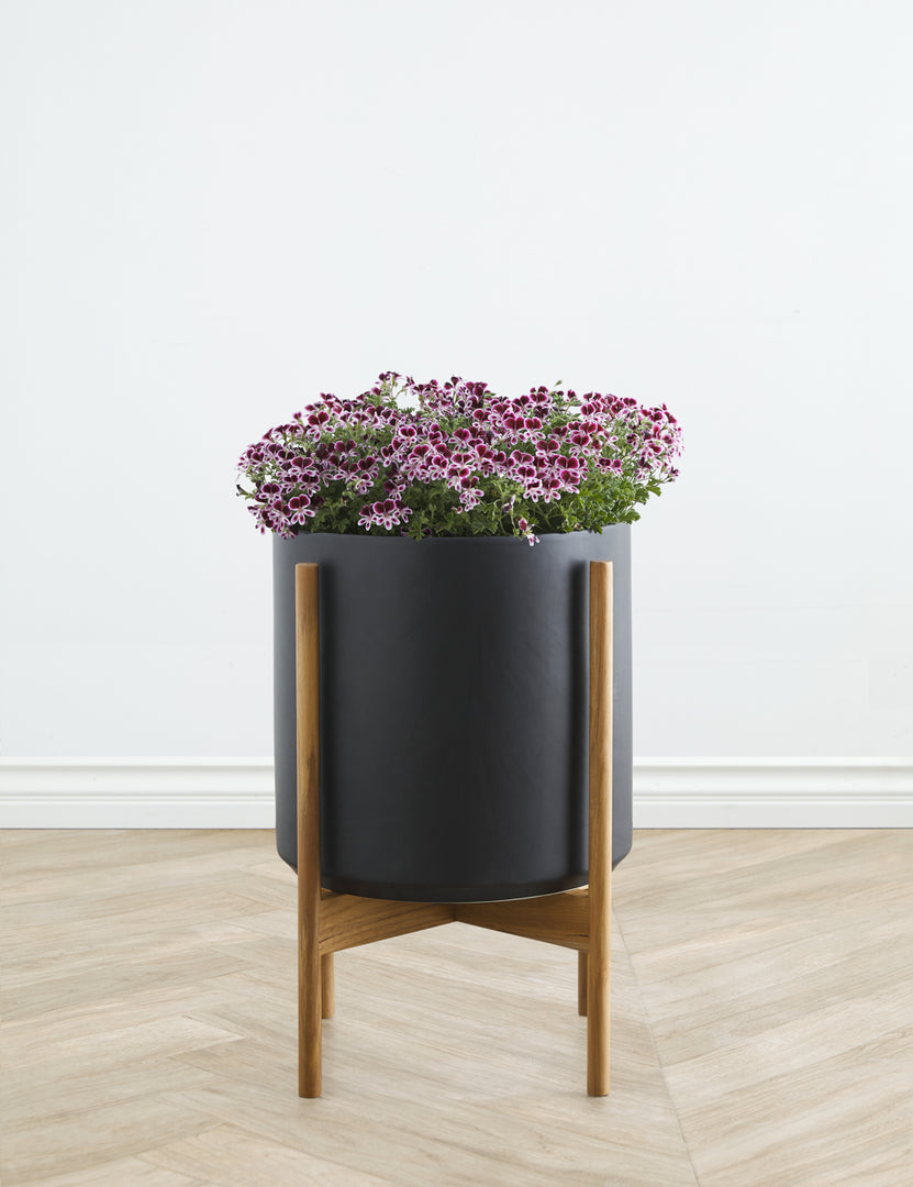 black plant pot with wooden stand Ceramic Planter Pot + Teak Stand by LBE Design, White, 12" Diameter
