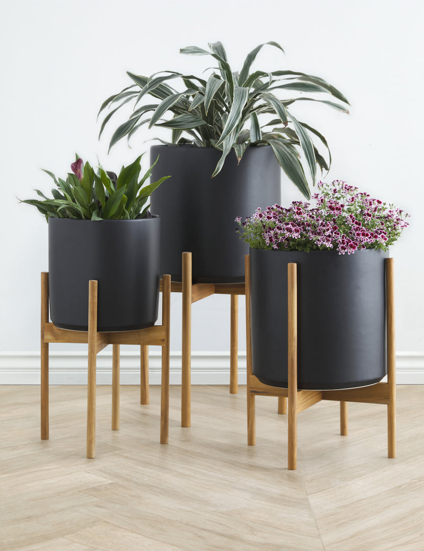 planter pots and stands Ceramic Planter Pot + Teak Stand by LBE Design, White, 12" Diameter
