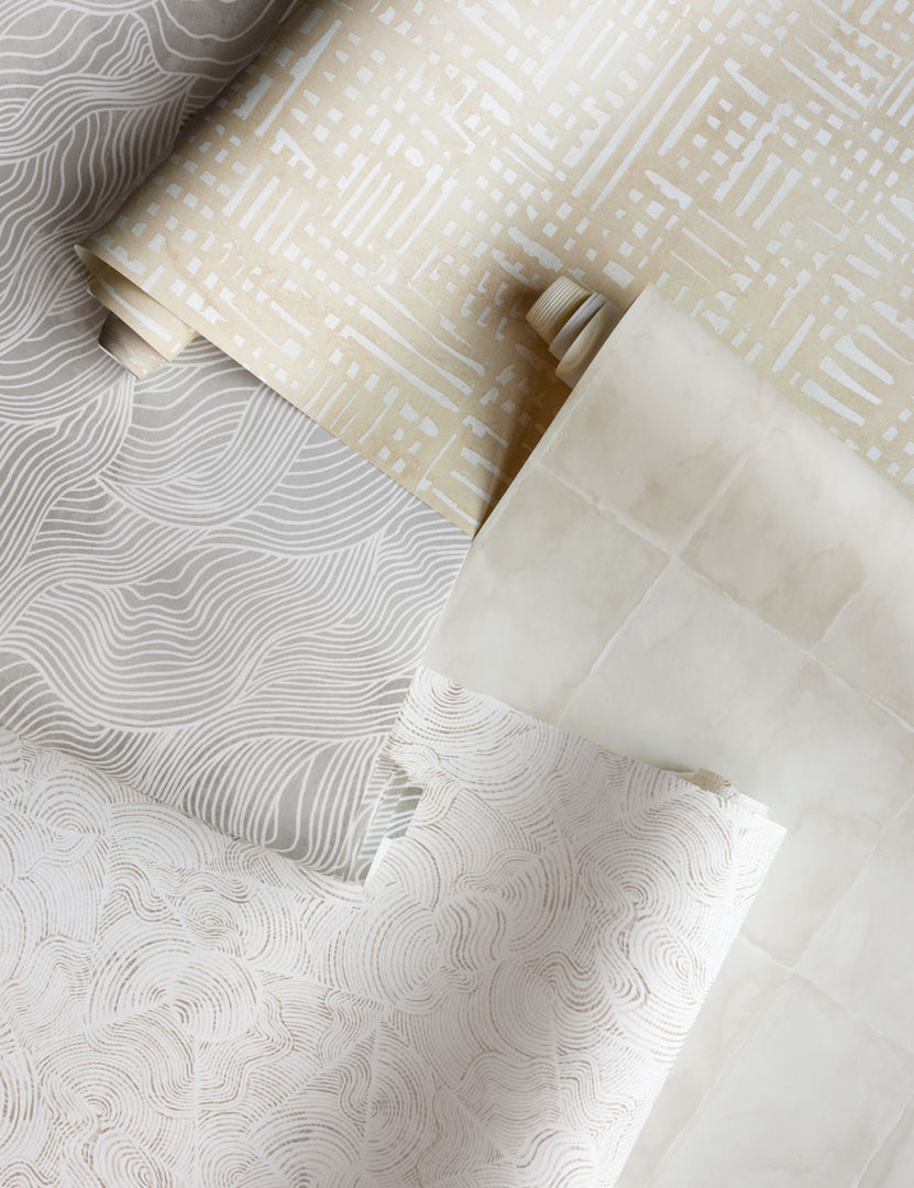 #color::gray | Alina gray Wallpaper with smooth ripple patter lays amongst neutral toned wallpapers