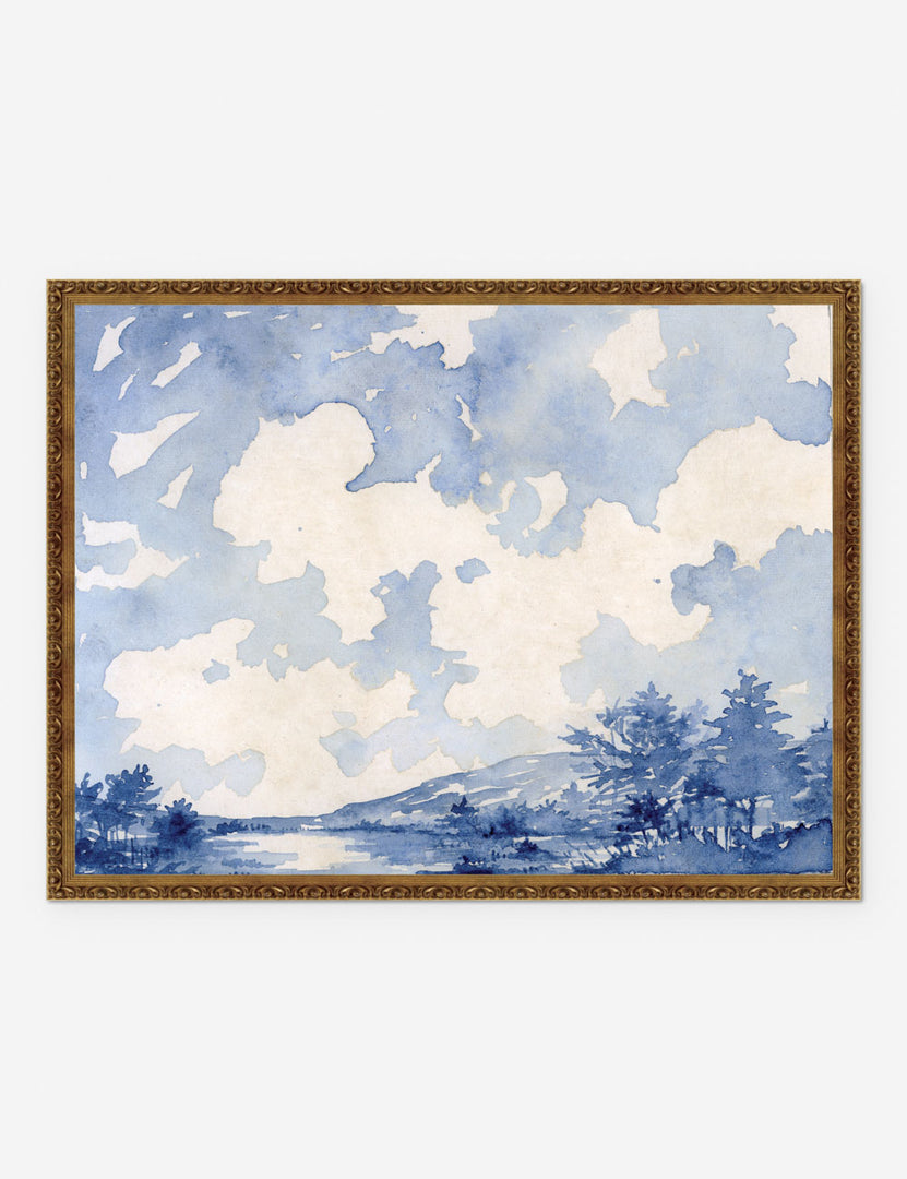 | Blue Monochromatic Horizontal Print in a bronze frame features a cool blue-toned landscape by Laurel-Dawn Latshaw