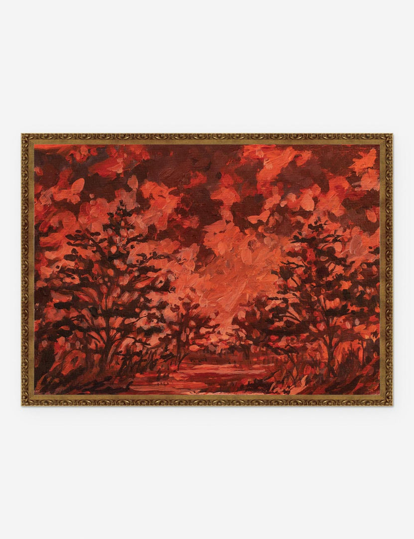 | RED xxv Print in a bronze frame that features an eruption of deep red shades in a landscape by Laurel-Dawn Latshaw