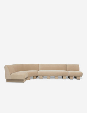 Lena left-facing beige velvet sectional sofa with upholstered beam legs.