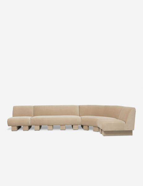 #color::Brie-velvet #configuration::right-facing #size::142-W |  Lena right-facing beige velvet sectional sofa with upholstered beam legs.