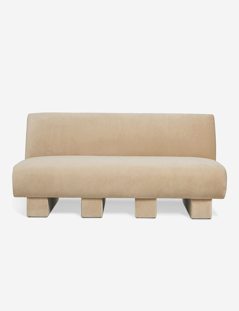 #color::Brie-velvet #configuration::left-facing #configuration::right-facing #size::142-W #size::114-W | Centerpiece of the Lena beige velvet sectional sofa with upholstered beam legs