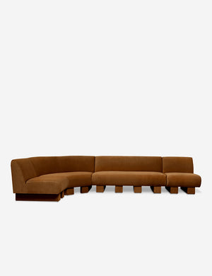 Lena left-facing cognac velvet sectional sofa with upholstered beam legs.