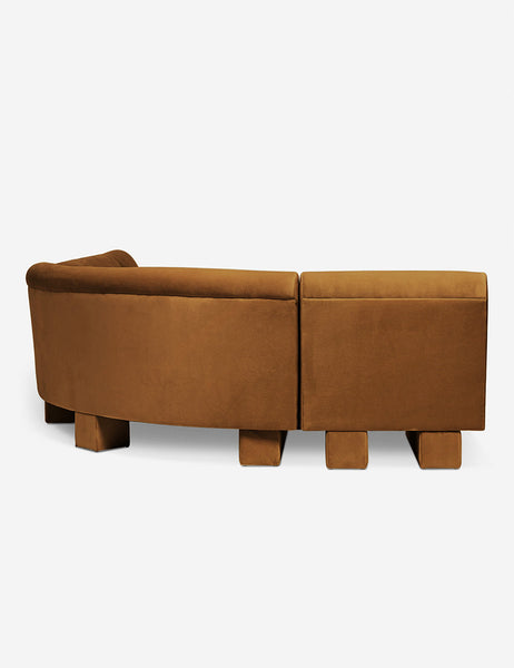 #color::Cognac-velvet #configuration::right-facing #size::142-W | Rear view of the side of the Lena right-facing cognac velvet sectional sofa with upholstered beam legs.