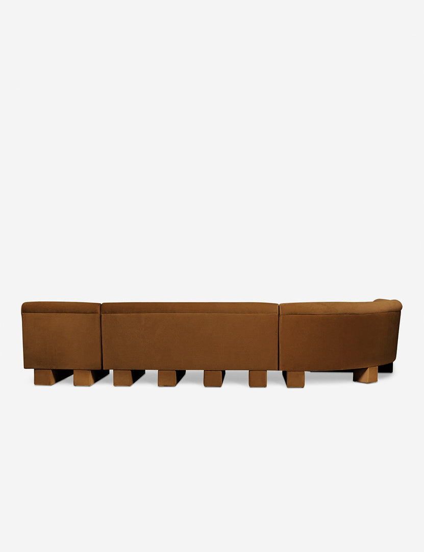 #color::Cognac-velvet #configuration::left-facing #size::142-W | Rear view of the entire Lena left-facing cognac velvet sectional sofa with upholstered beam legs.