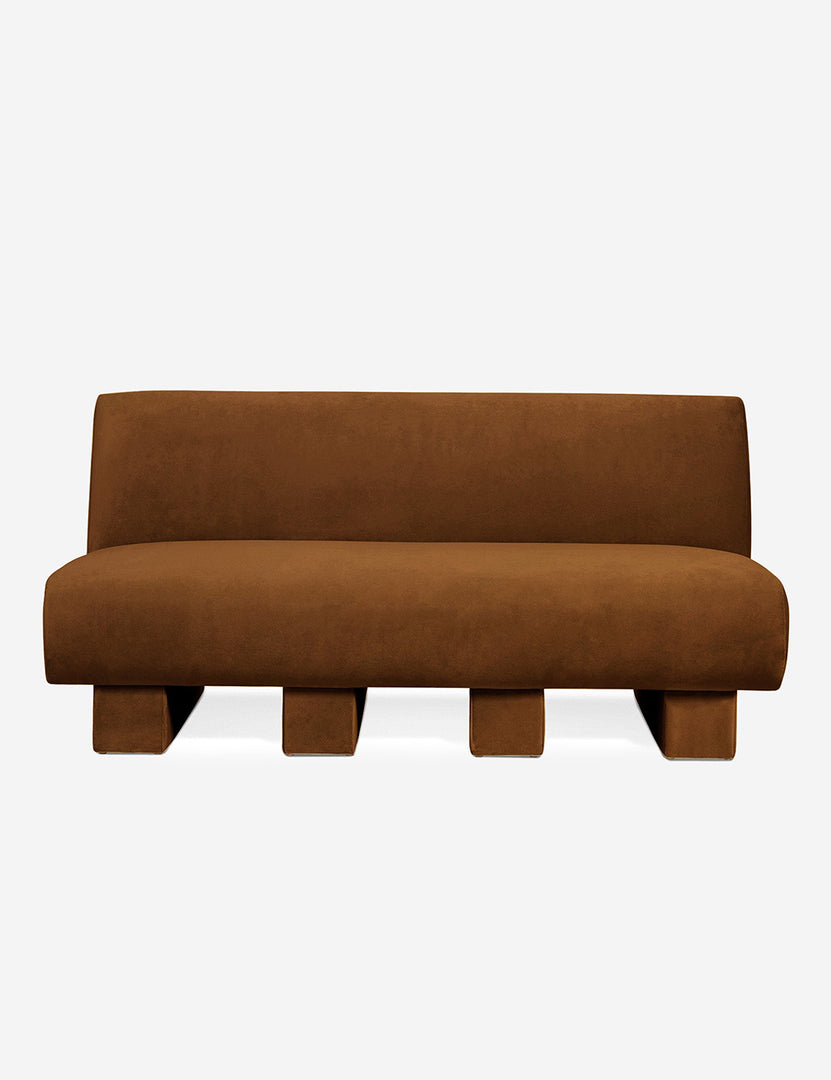 #color::Cognac-Velvet | Lena Cognac Velvet armless upholstered sofa with beam legs by Sarah Sherman Samuel