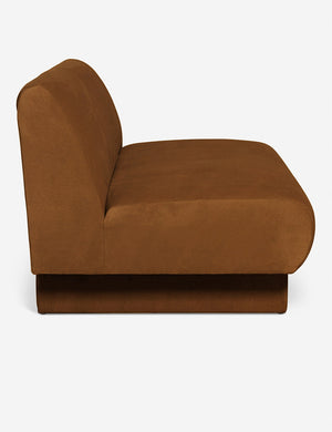 Side view of the Centerpiece of the Lena cognac velvet sectional sofa with upholstered beam legs