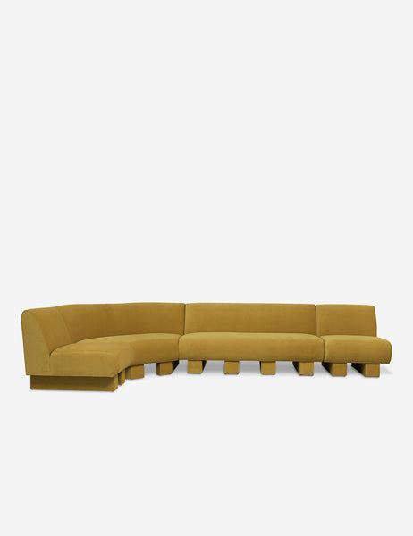 #color::Goldenrod-velvet #configuration::left-facing #size::142-W | Lena left-facing yellow velvet sectional sofa with upholstered beam legs.