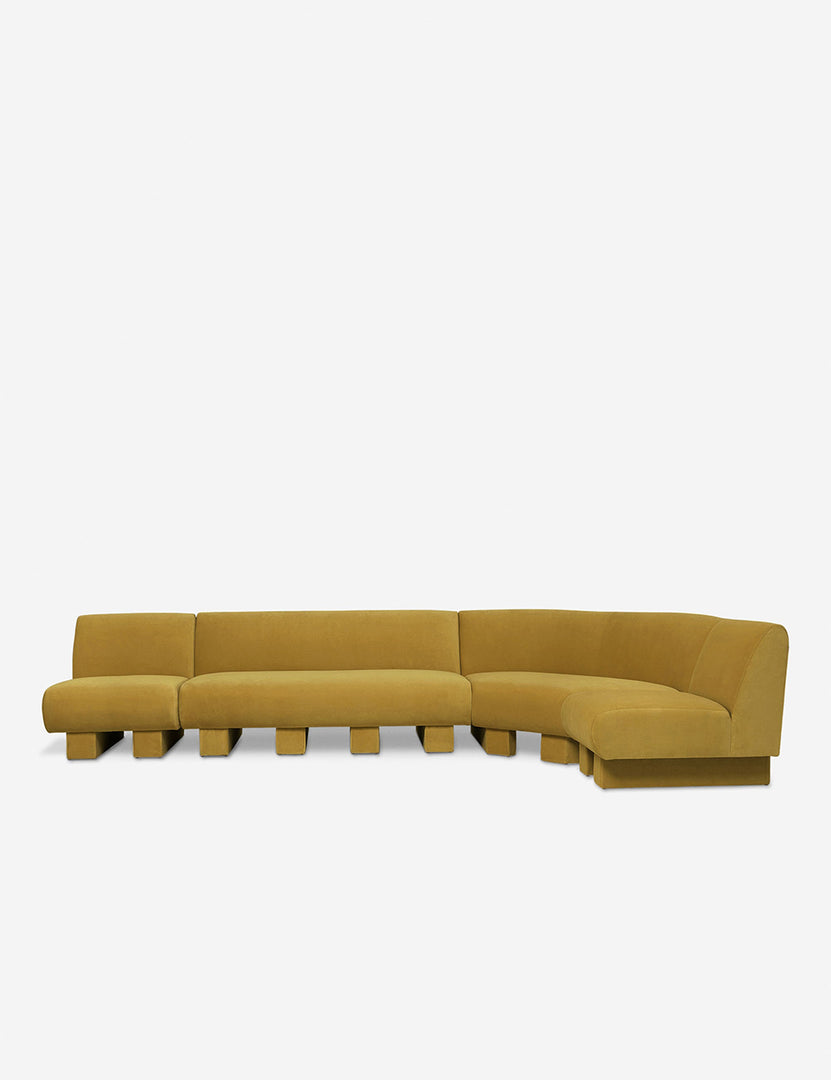 #color::Goldenrod-velvet #configuration::right-facing #size::142-W | Lena right-facing yellow velvet sectional sofa with upholstered beam legs.
