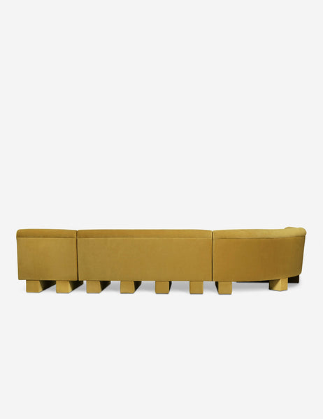 #color::Goldenrod-velvet #configuration::left-facing #size::142-W | Rear view of the entire Lena left-facing yellow velvet sectional sofa with upholstered beam legs.