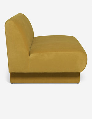 Side of the Lena Goldenrod Velvet armless sofa