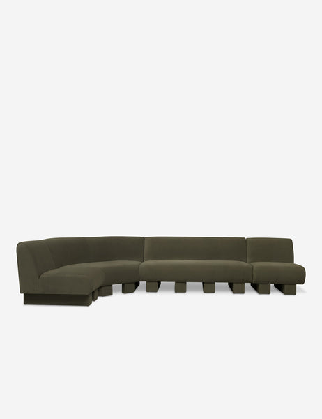 #color::Loden-velvet #configuration::left-facing #size::142-W | Lena left-facing gray velvet sectional sofa with upholstered beam legs.