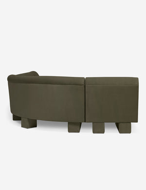 Rear view of the side of the Lena left-facing gray velvet sectional sofa with upholstered beam legs.