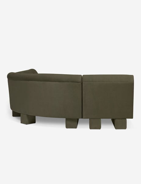 #color::Loden-velvet #configuration::left-facing #size::142-W | Rear view of the side of the Lena left-facing gray velvet sectional sofa with upholstered beam legs.