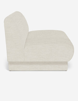 Side view of the Centerpiece of the natural linen sectional sofa with upholstered beam legs