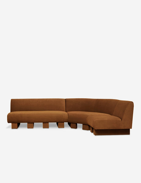 #color::Cognac-Velvet #configuration::right-facing #size::114-W | Lena right-facing cognac velvet sectional sofa with upholstered beam legs.
