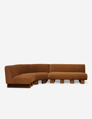 Lena left-facing cognac velvet sectional sofa with upholstered beam legs.